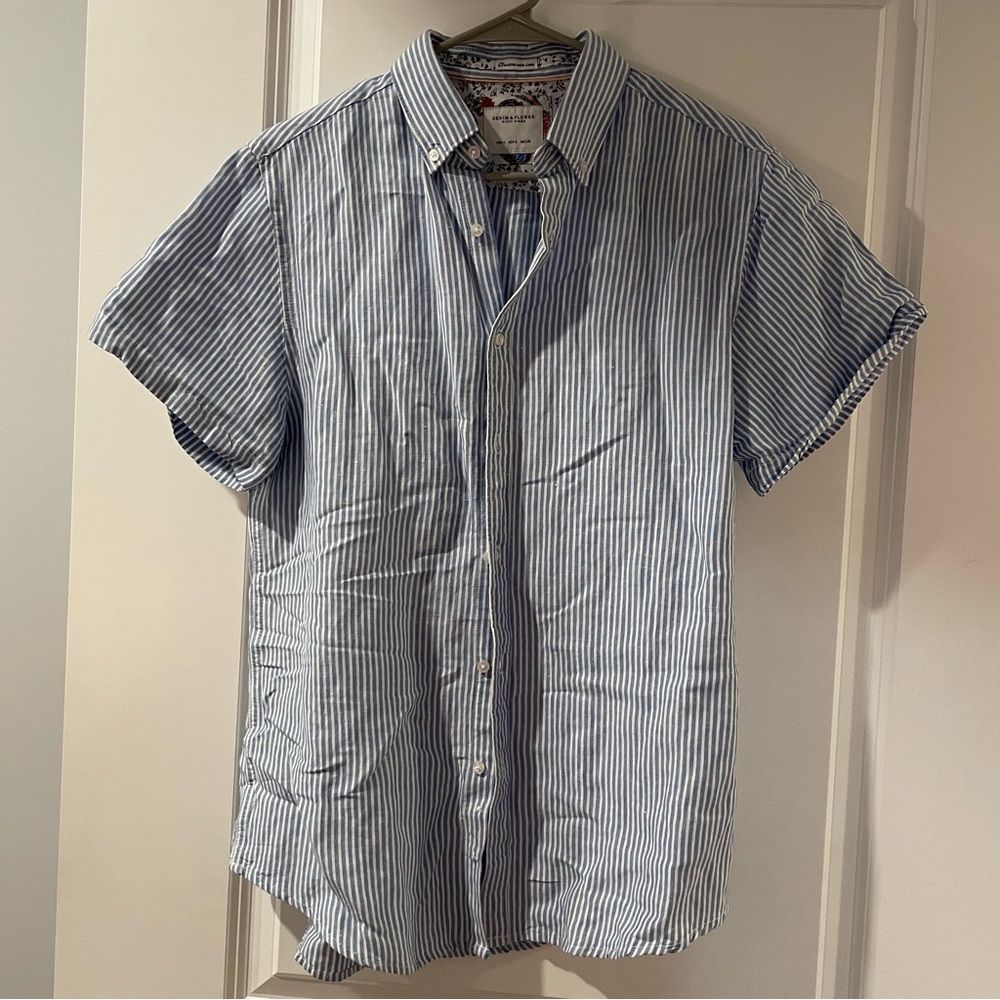 Denim & Flower Ricky Singh button down short sleeve blue white stripe Small
